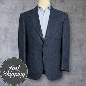 LANDS END Vintage Mans Blazer Sport Coat Two Button Jacket 42R TWEED WOOL Navy